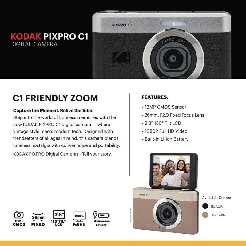 Kodak PIXPRO C1 Compact Digital Camera 13MP 1080p Selfie 180° Tilting LCD